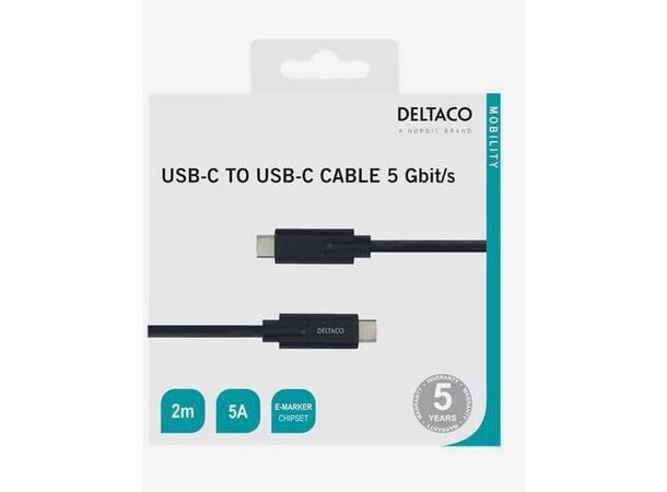 Deltaco USB-C til USB-C kabel, 2m Hvit 